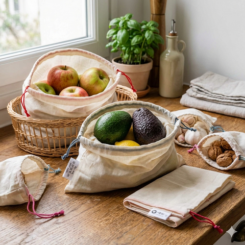 Sacs à Pain Fruits Et Légumes Réutilisables En Coton Bio - Lot Filet Avec Cordon - Zero Waste - 30 X 45 Cm