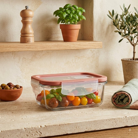Boîte de conservation en verre écologique My Better Way dans une cuisine style finca provençale avec pot de basilic